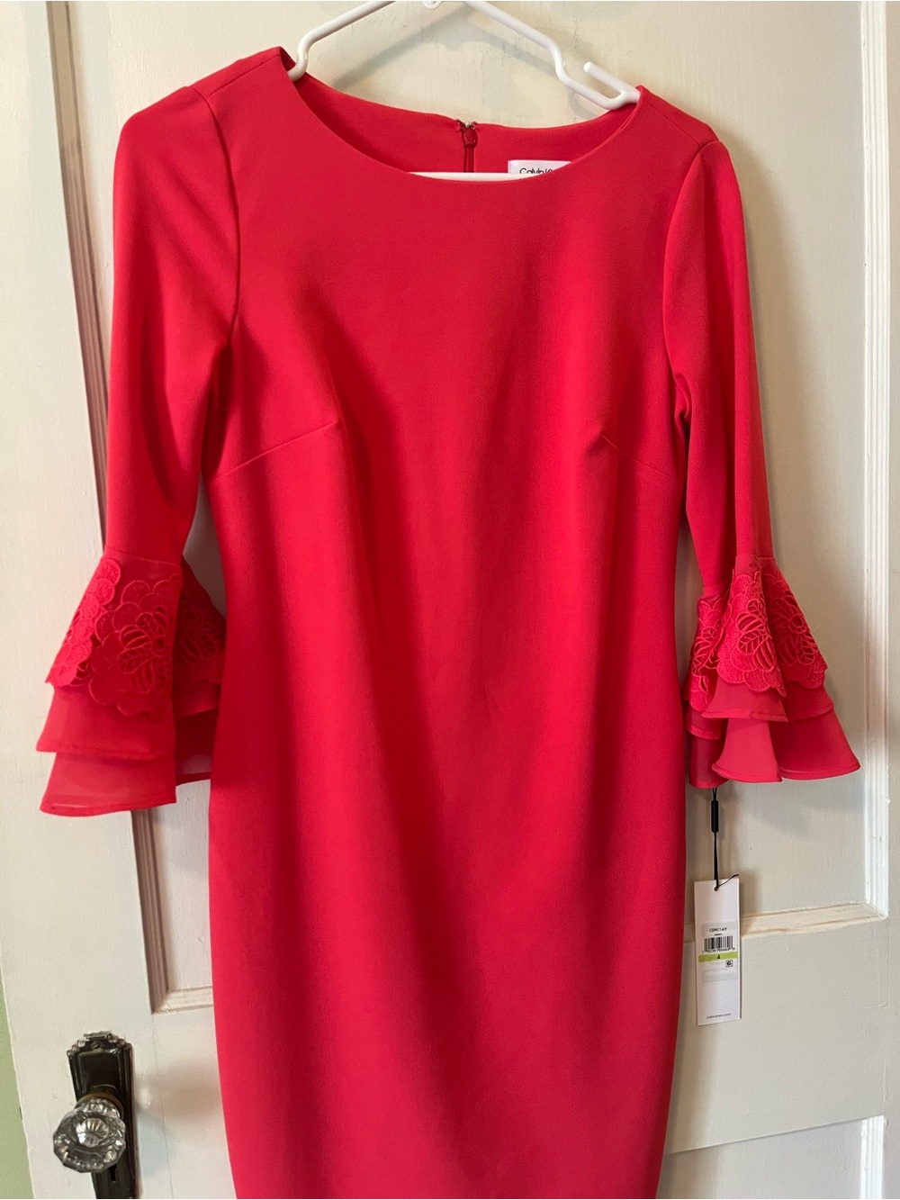 Calvin Klein Red Long-Sleeve Sheath Dress with Layered Bell Sleeves